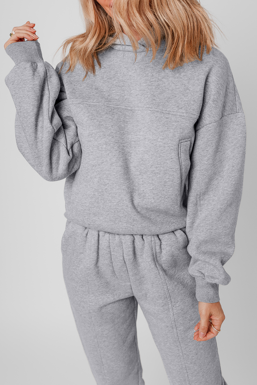Gray Solid Exposed Seams Hoodie and Joggers Activewear Set view 4