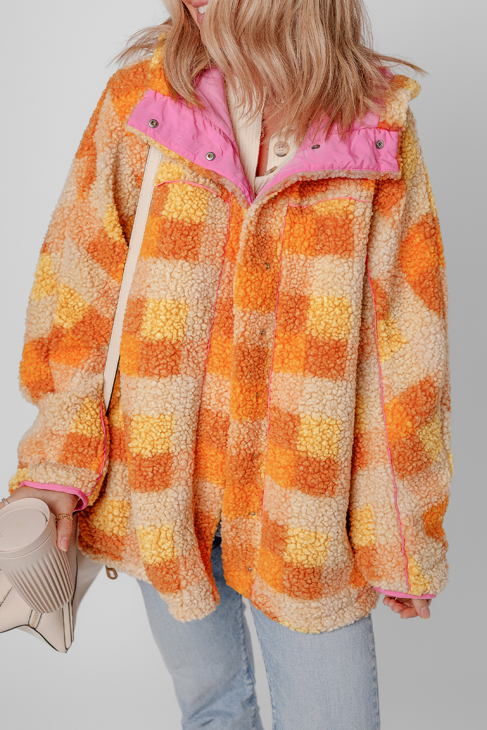 Orange Checkered Sherpa Hooded Jacket view 5