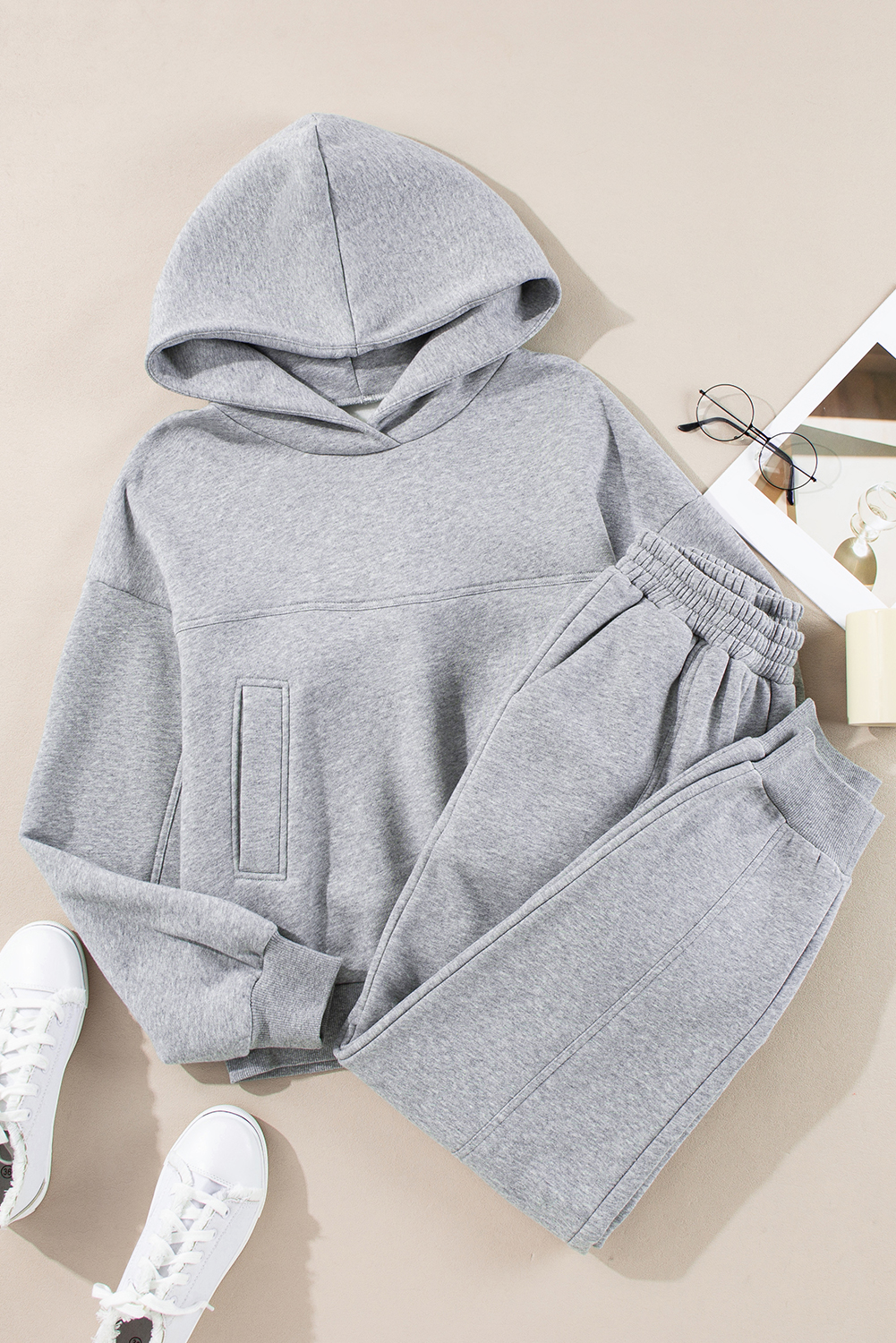 Gray Solid Exposed Seams Hoodie and Joggers Activewear Set view 7
