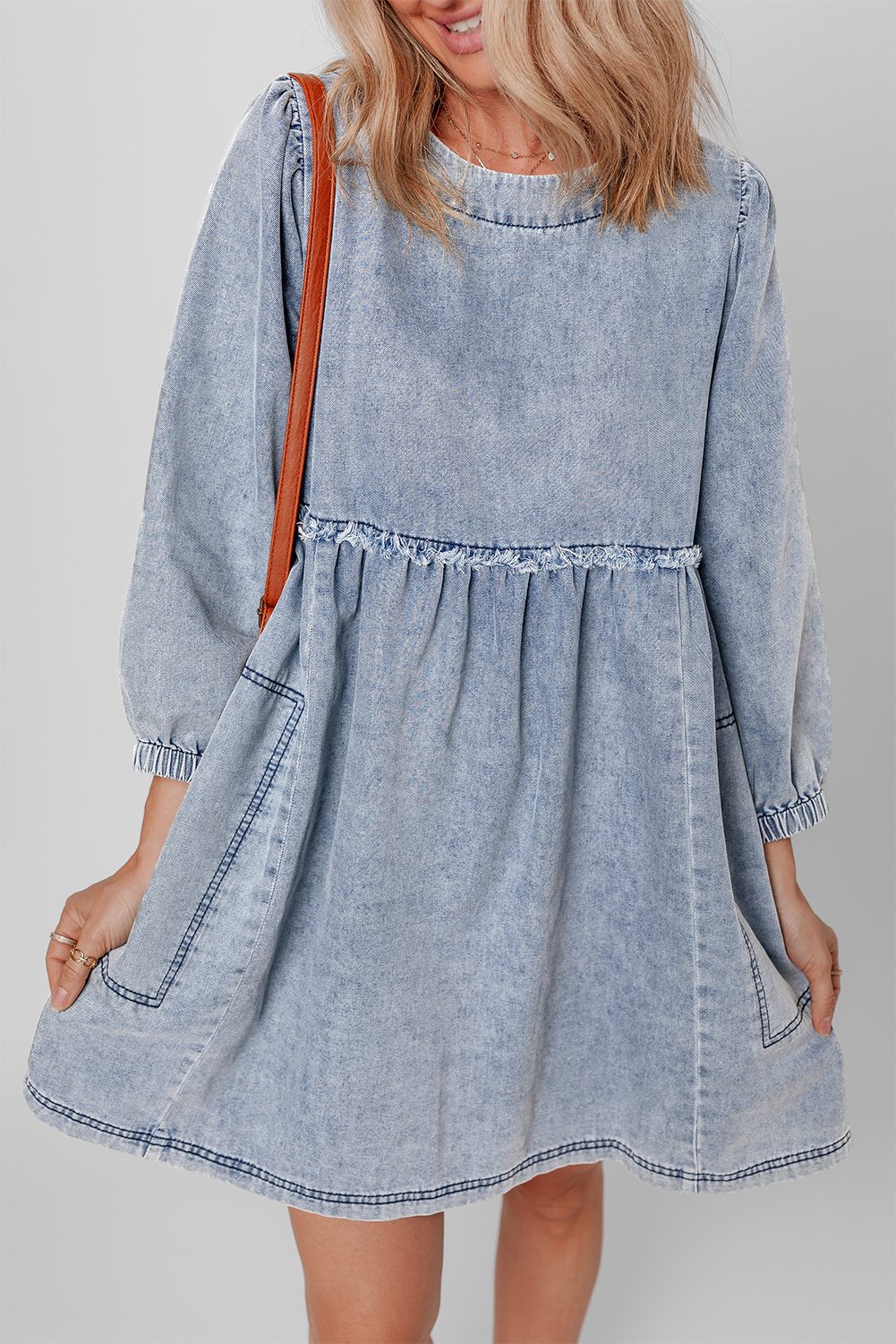 Beau Blue Light Wash High Waist Loose Fit Denim Mini Dress view 6