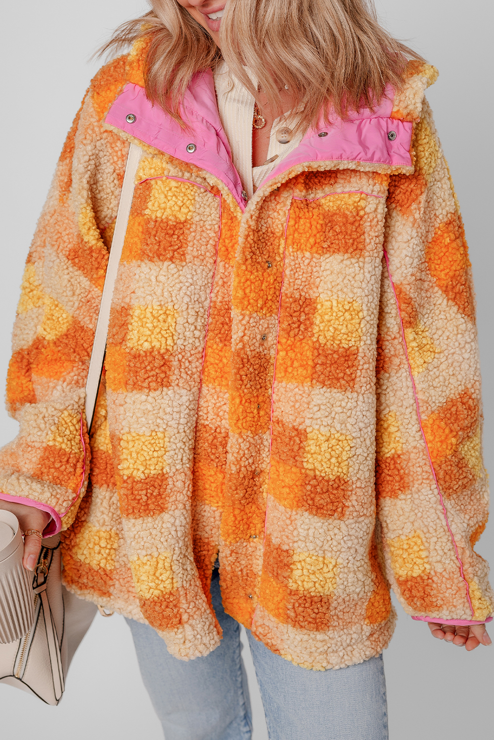 Orange Checkered Sherpa Hooded Jacket view 3