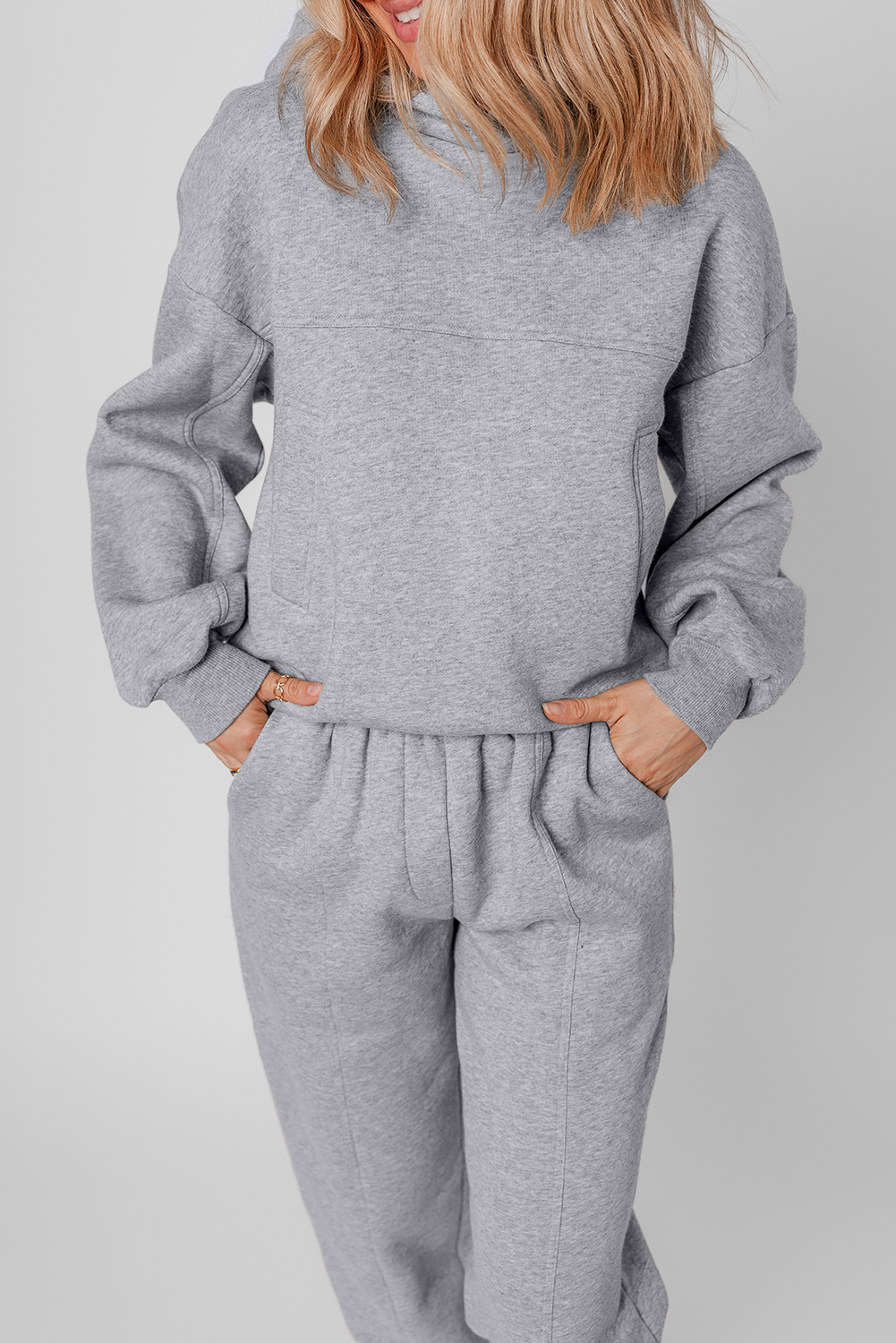 Gray Solid Exposed Seams Hoodie and Joggers Activewear Set view 3