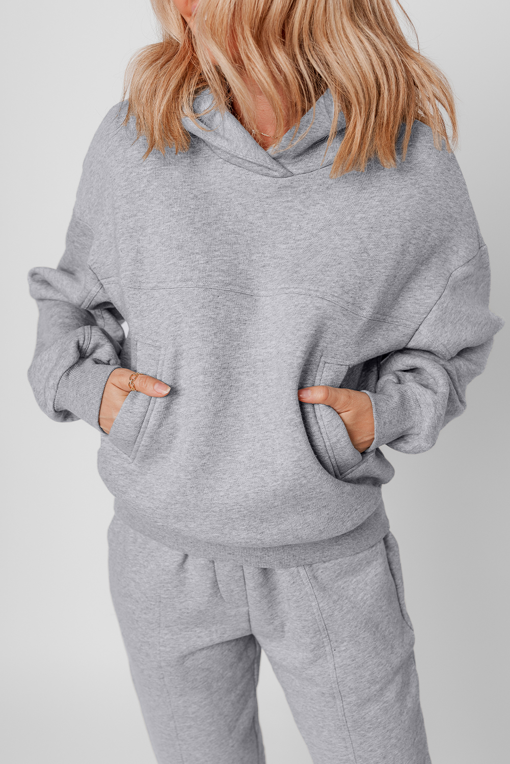 Gray Solid Exposed Seams Hoodie and Joggers Activewear Set view 5
