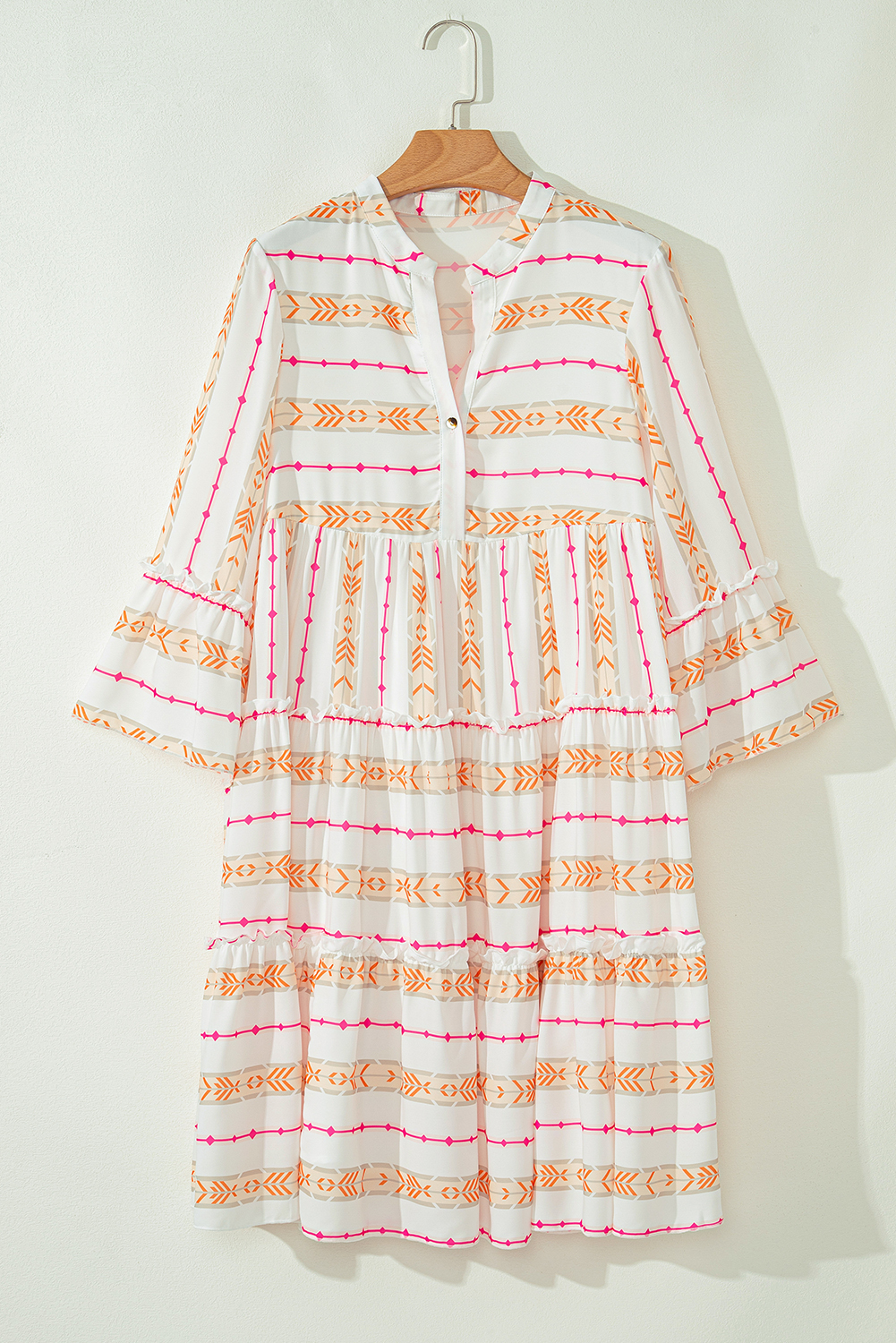 Orange Bohemian Printed Bracelet Sleeve Slit Neck Ruffled Loose Dress view 12