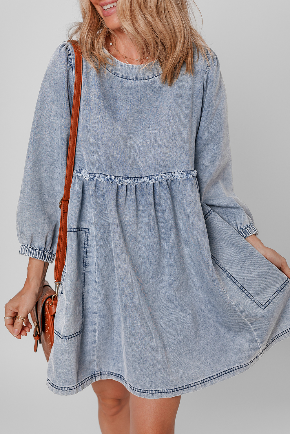Beau Blue Light Wash High Waist Loose Fit Denim Mini Dress view 5