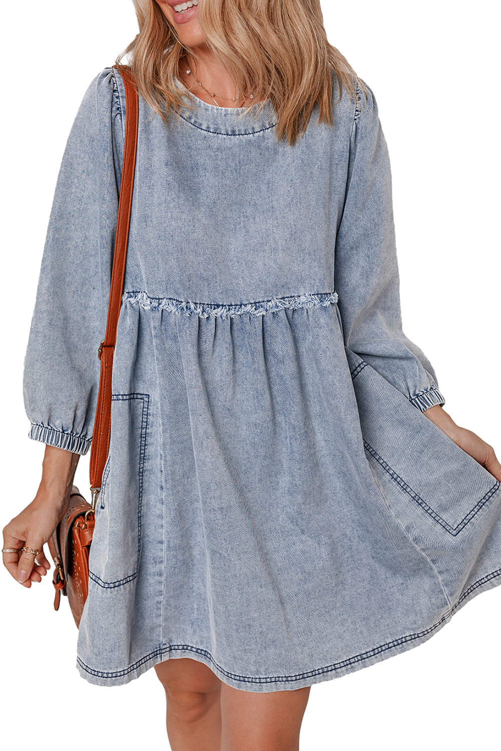 Beau Blue Light Wash High Waist Loose Fit Denim Mini Dress view 22