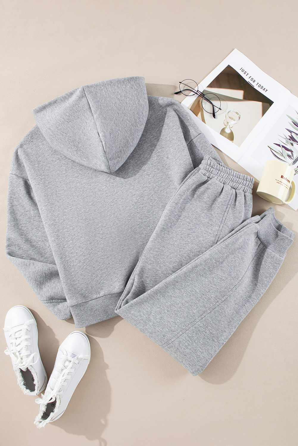 Gray Solid Exposed Seams Hoodie and Joggers Activewear Set view 8