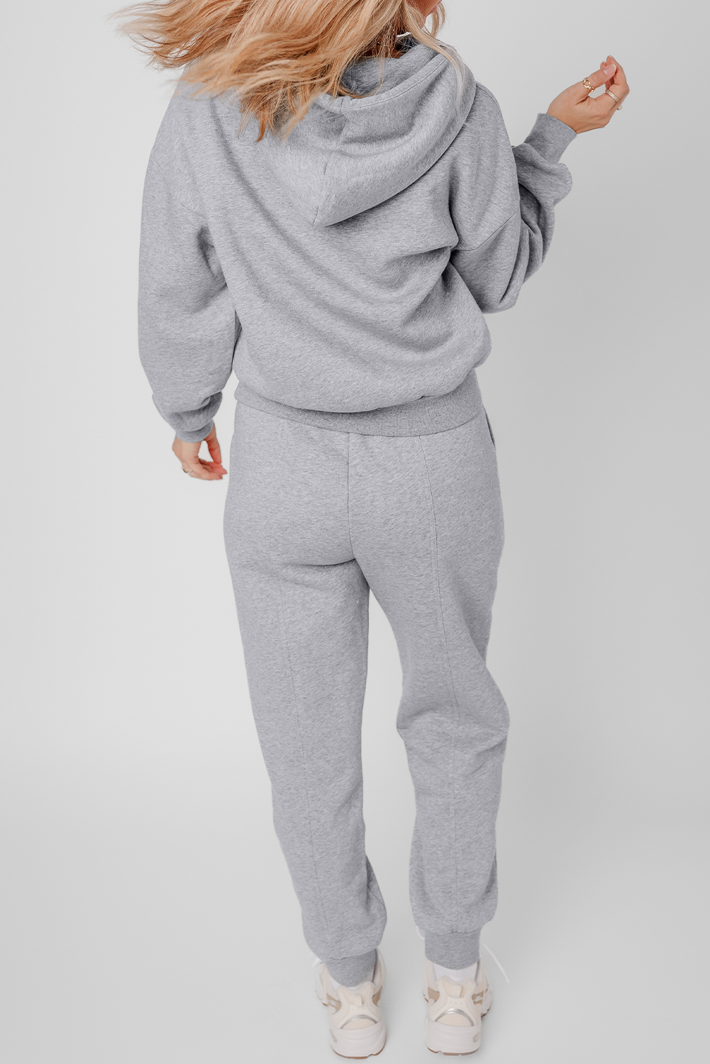 Gray Solid Exposed Seams Hoodie and Joggers Activewear Set view 2