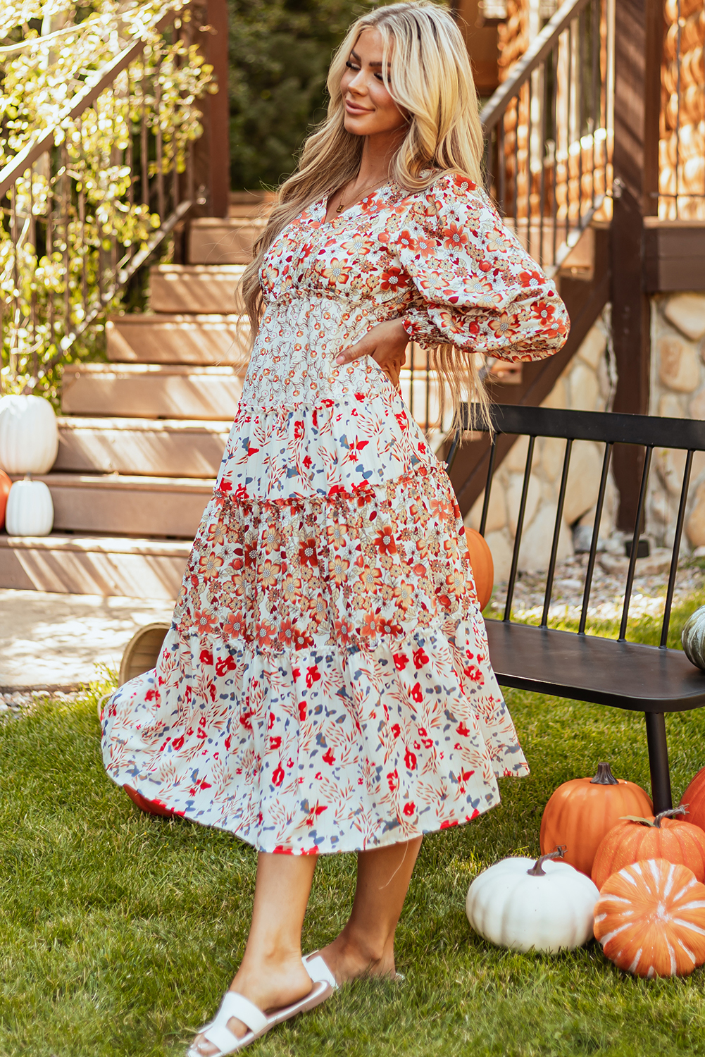 Khaki Floral Print Ruffled Tiered Long Sleeve V Neck Midi Dress view 6