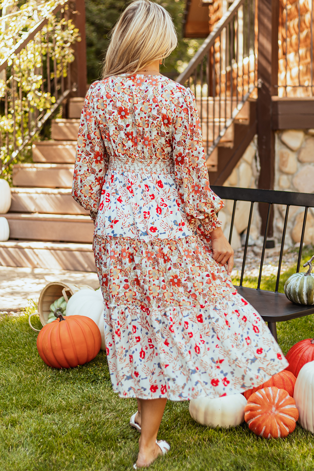 Khaki Floral Print Ruffled Tiered Long Sleeve V Neck Midi Dress view 5