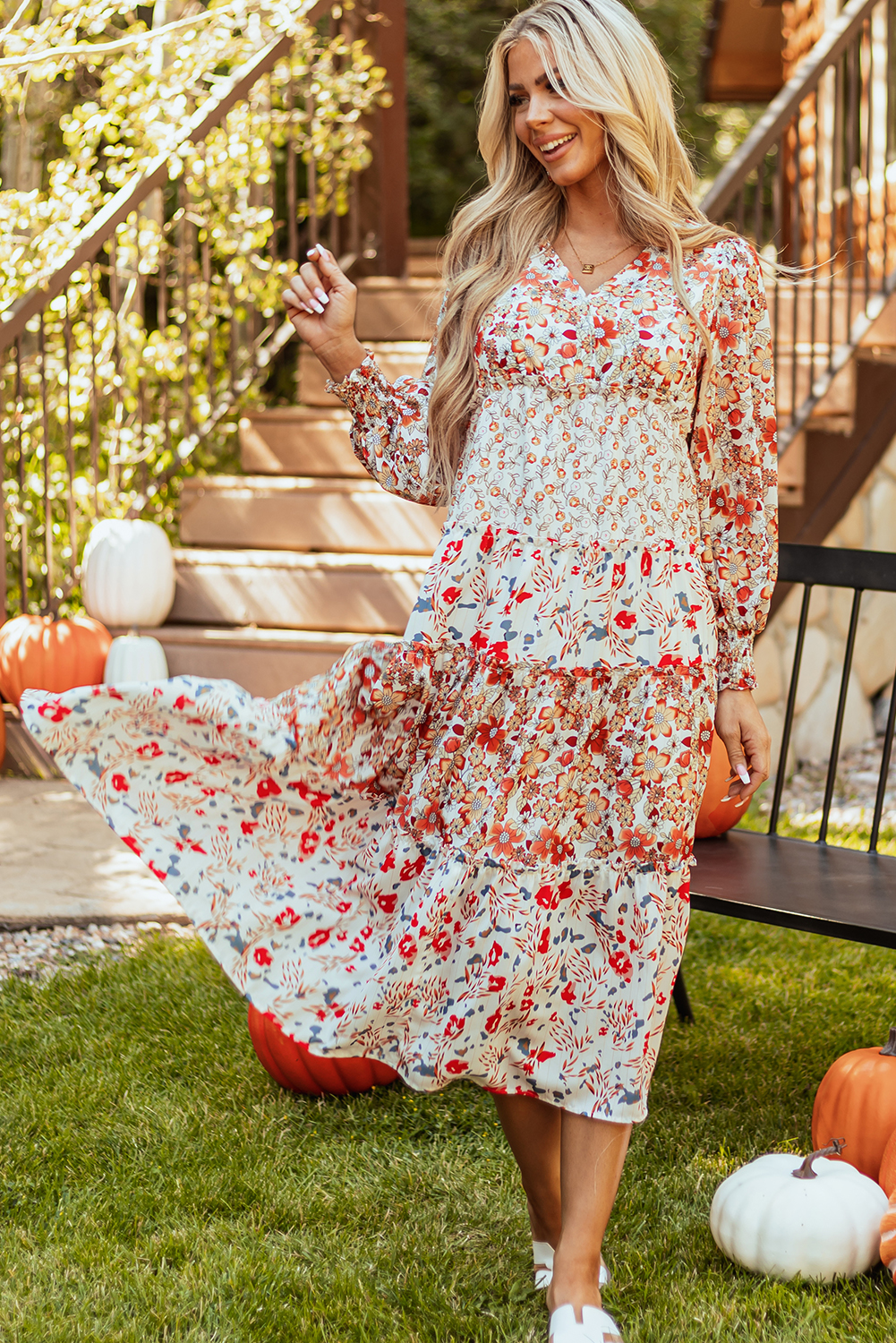 Khaki Floral Print Ruffled Tiered Long Sleeve V Neck Midi Dress view 7