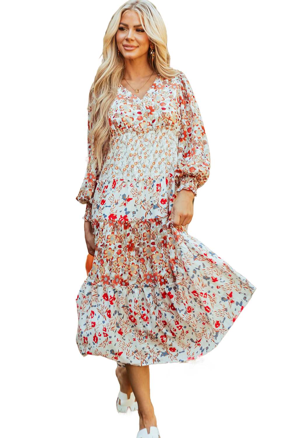 Khaki Floral Print Ruffled Tiered Long Sleeve V Neck Midi Dress view 21