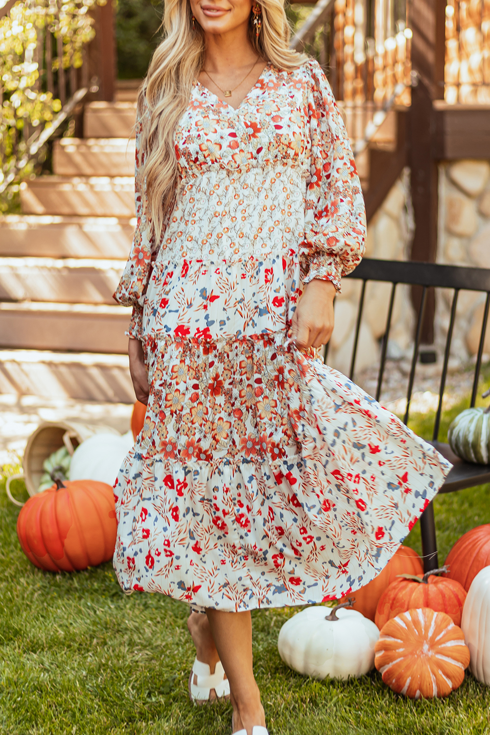 Khaki Floral Print Ruffled Tiered Long Sleeve V Neck Midi Dress view 11