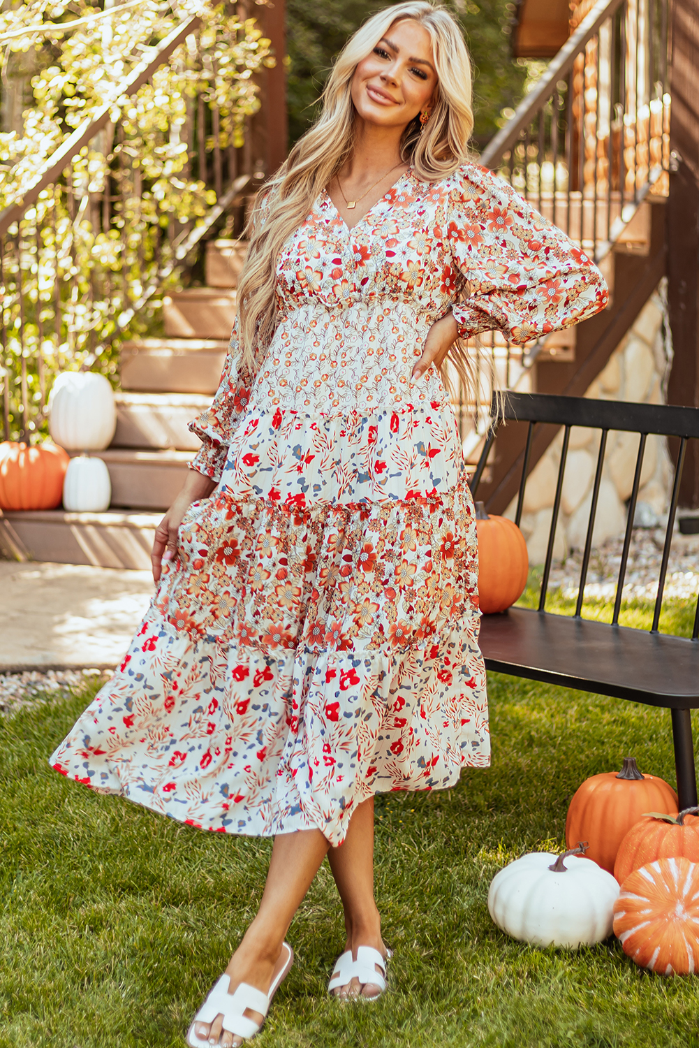 Khaki Floral Print Ruffled Tiered Long Sleeve V Neck Midi Dress view 8
