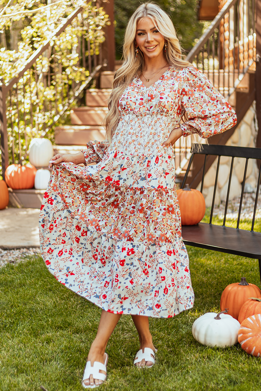 Khaki Floral Print Ruffled Tiered Long Sleeve V Neck Midi Dress view 9