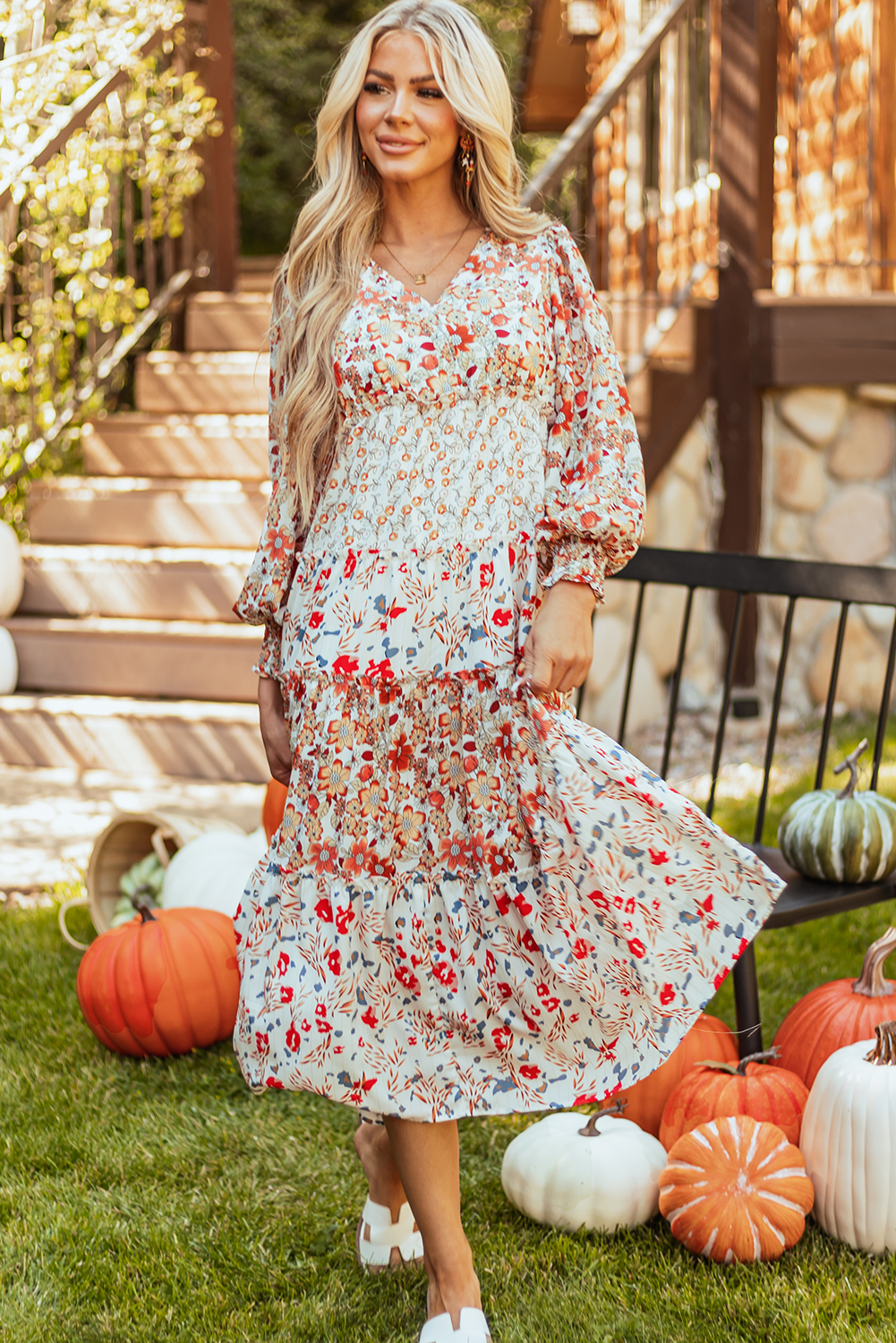 Khaki Floral Print Ruffled Tiered Long Sleeve V Neck Midi Dress view 4