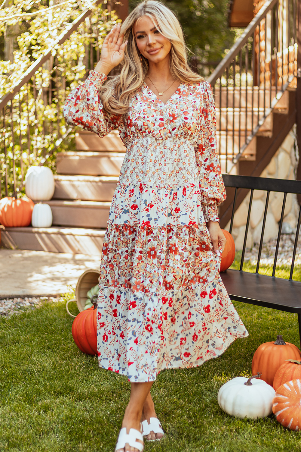 Khaki Floral Print Ruffled Tiered Long Sleeve V Neck Midi Dress view 10