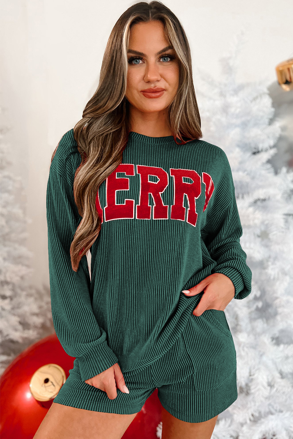 Evergreen Corded MERRY Graphic Long Sleeve Top and Shorts Set view 5