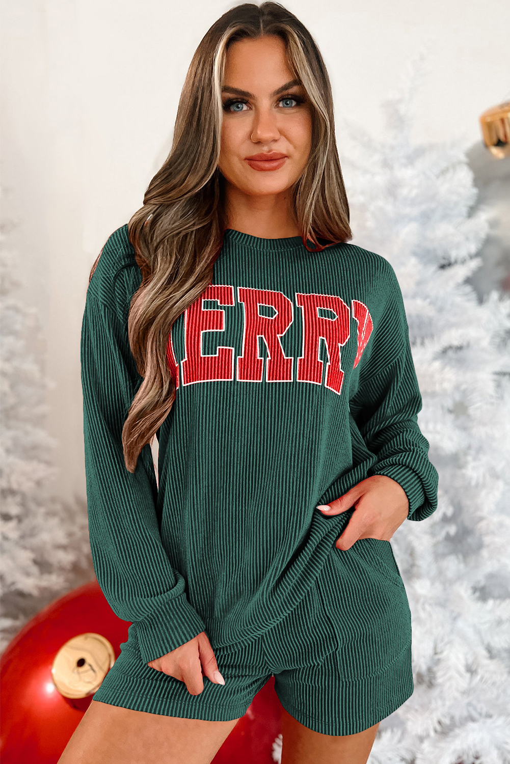 Evergreen Corded MERRY Graphic Long Sleeve Top and Shorts Set view 4