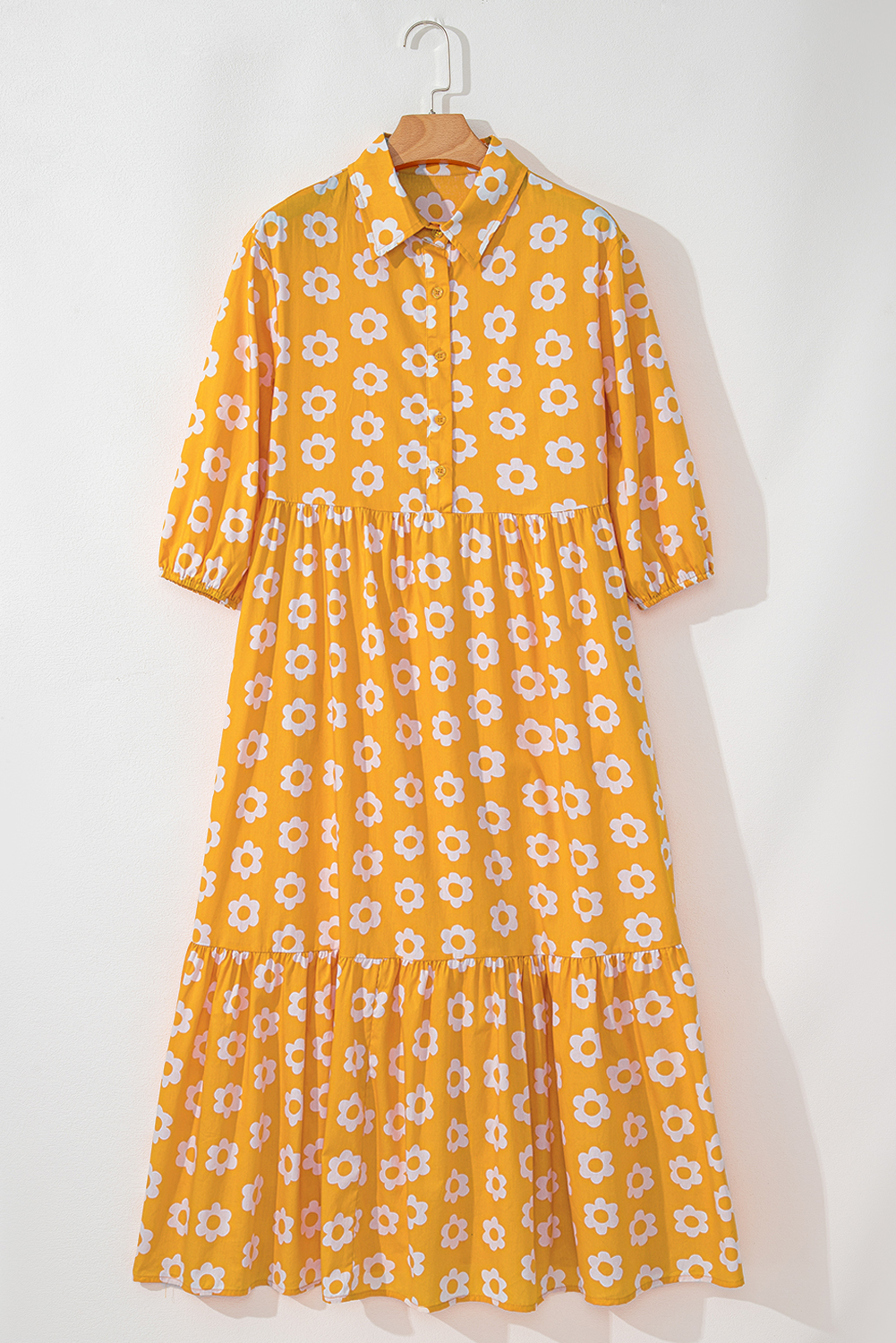 Yellow Flower Print Bracelet Sleeve Buttons Collared Maxi Dress view 14