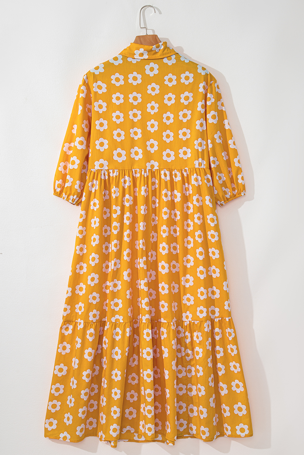 Yellow Flower Print Bracelet Sleeve Buttons Collared Maxi Dress view 15