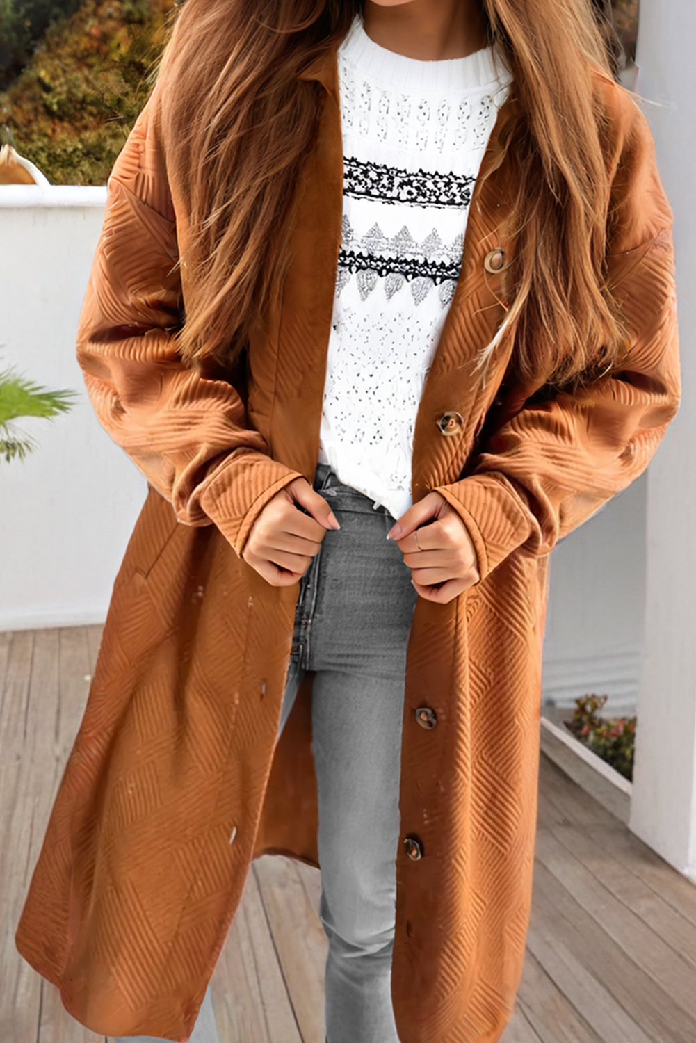 Gold Flame Textured Collared Drop Shoulder Buttoned Front Duster Coat view 2