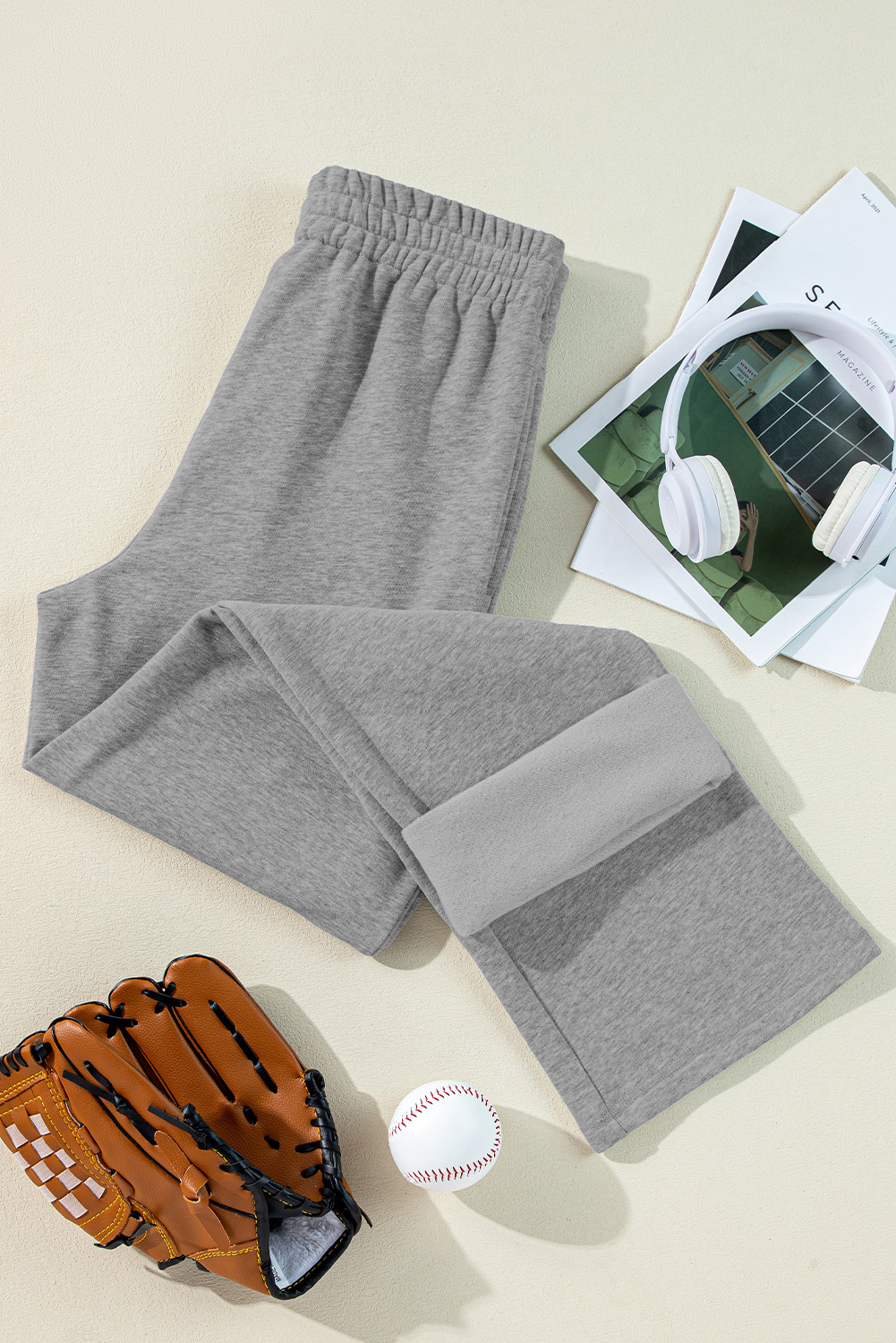 Light Grey Solid Color Fleece Lined Drawstring Waist Casual Pants view 8