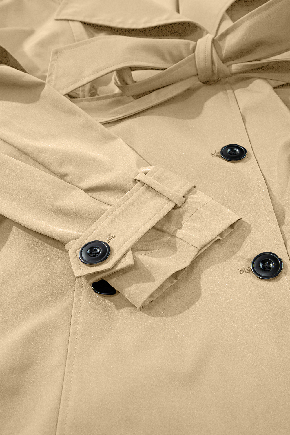 Pale Khaki Solid Color Lapel Collar Waist Tie Wind Coat view 15