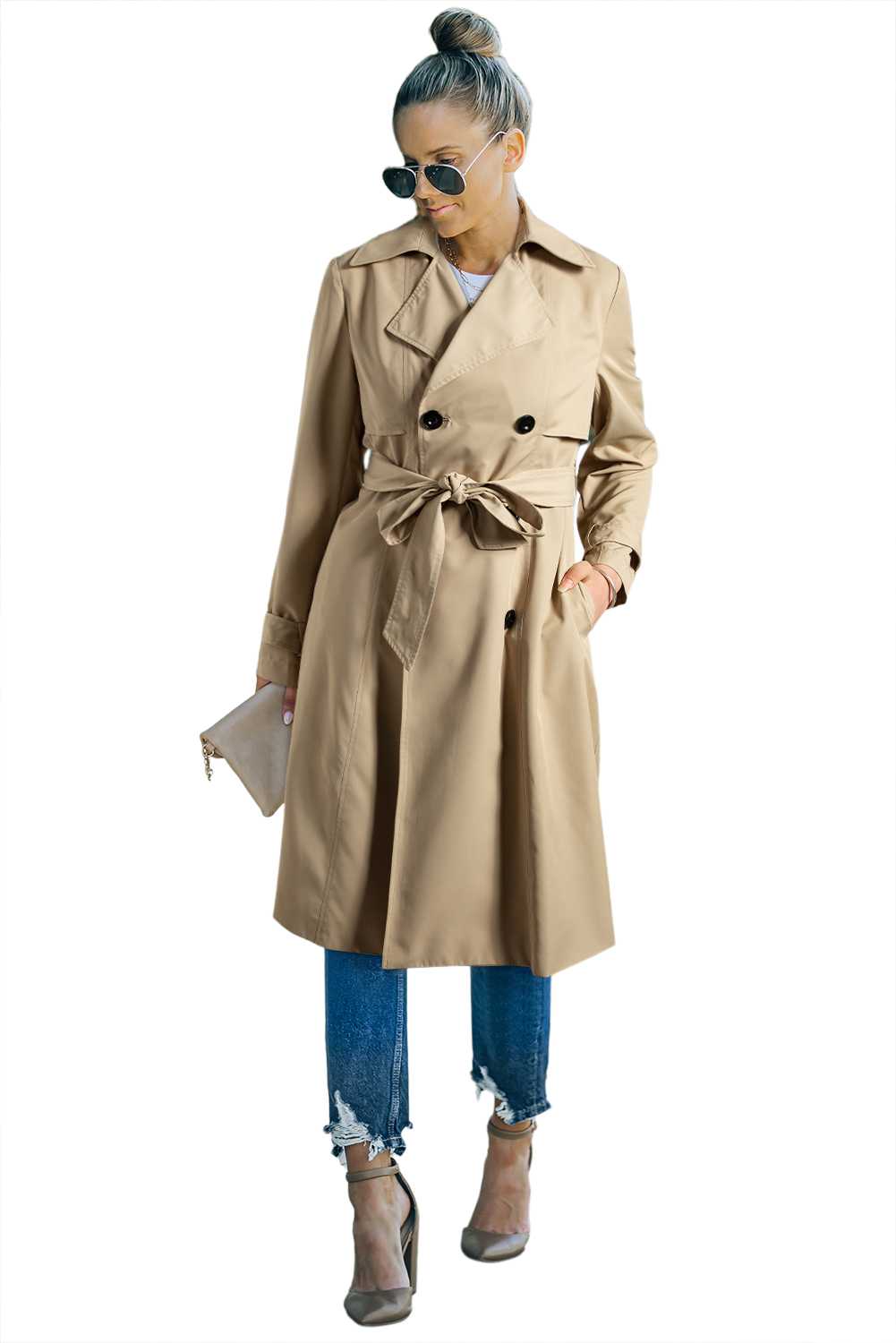 Pale Khaki Solid Color Lapel Collar Waist Tie Wind Coat view 27