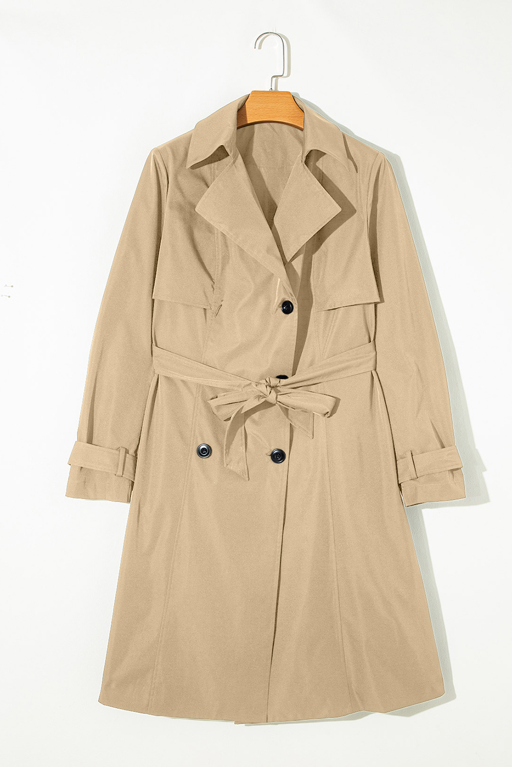 Pale Khaki Solid Color Lapel Collar Waist Tie Wind Coat view 9