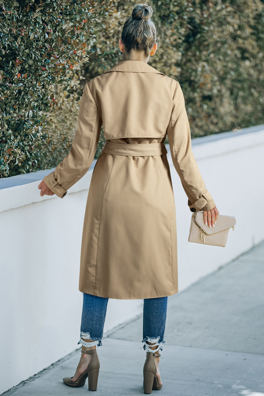 Pale Khaki Solid Color Lapel Collar Waist Tie Wind Coat view 8