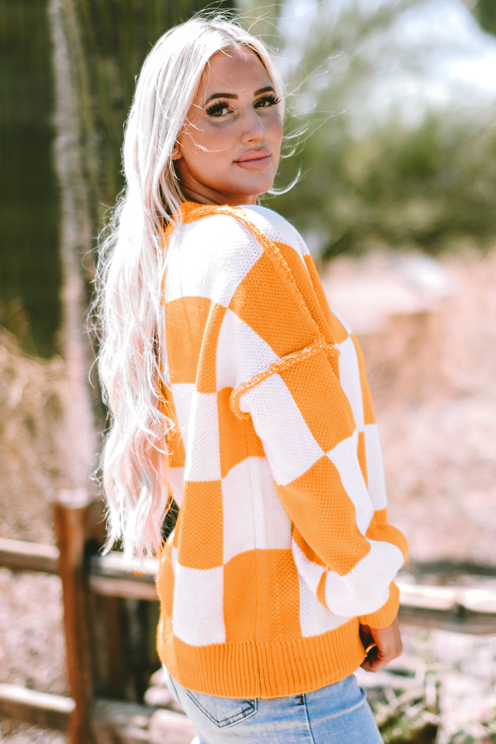 Women Checkered Bishop Sleeve Sweater