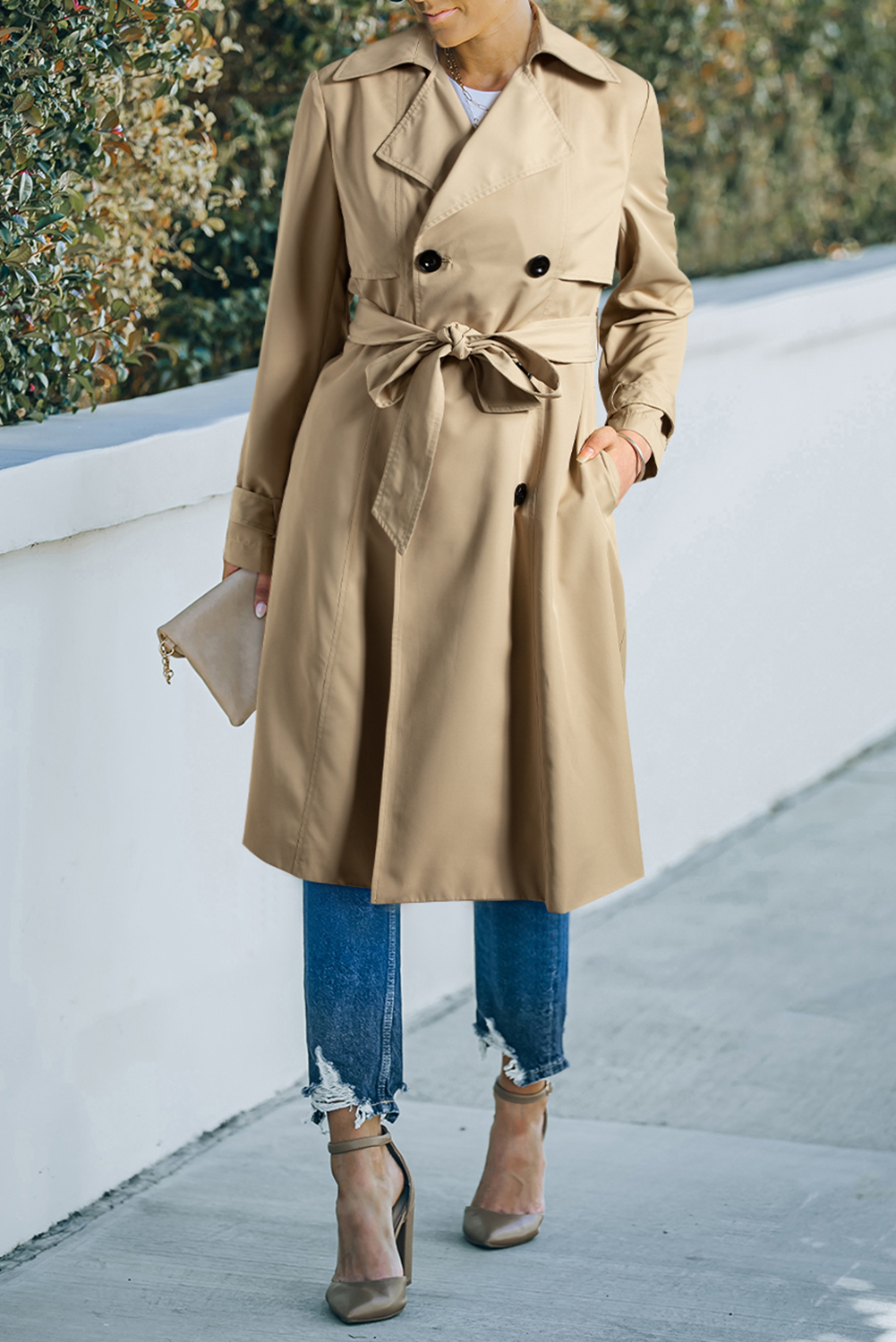 Pale Khaki Solid Color Lapel Collar Waist Tie Wind Coat view 6
