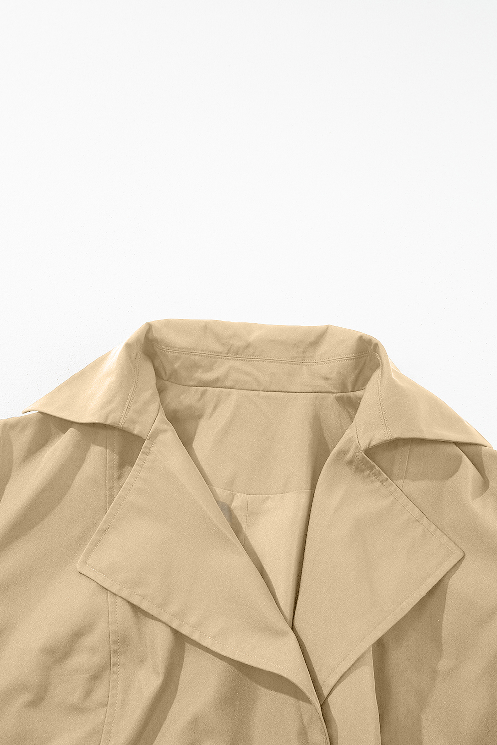 Pale Khaki Solid Color Lapel Collar Waist Tie Wind Coat view 13