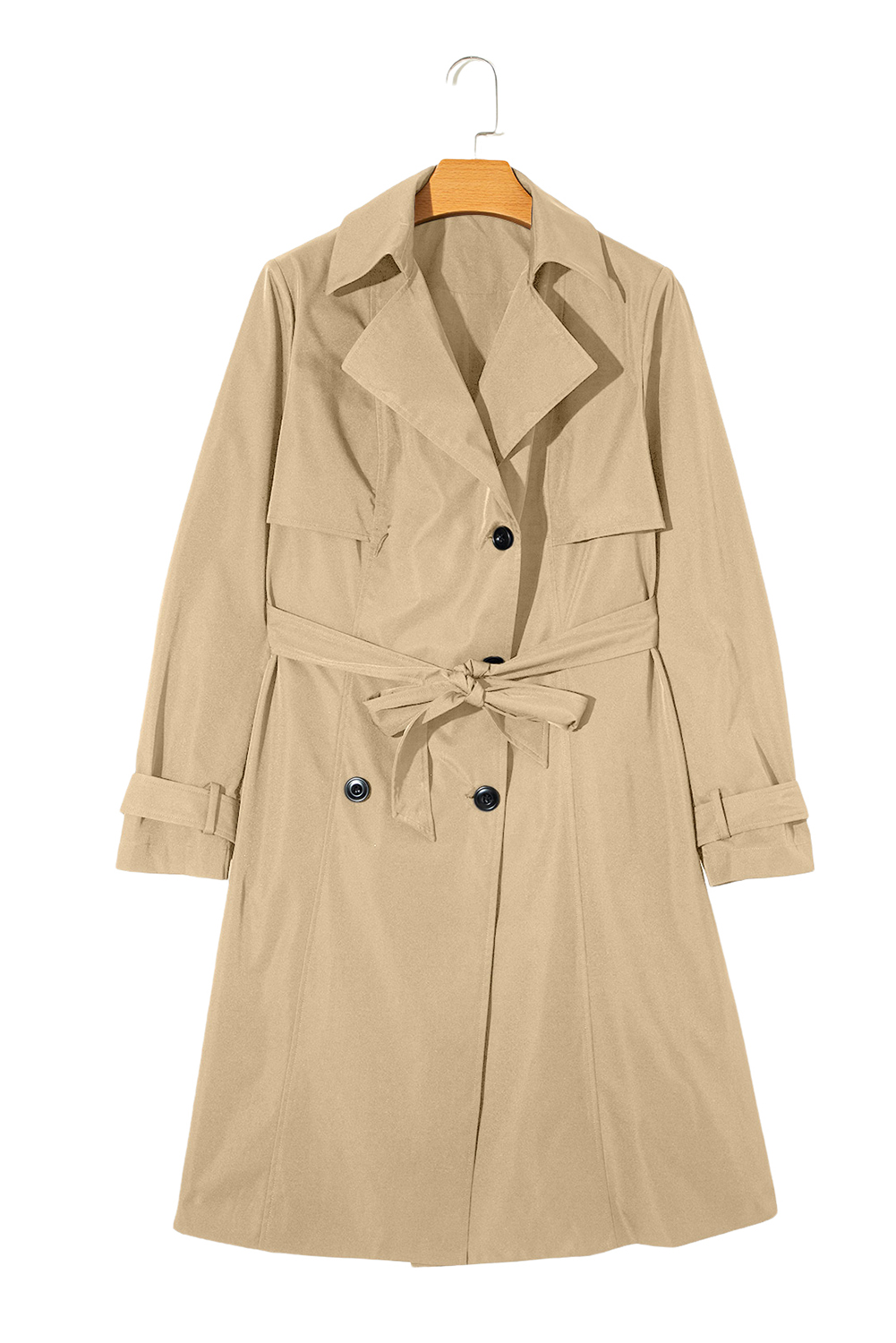 Pale Khaki Solid Color Lapel Collar Waist Tie Wind Coat view 25