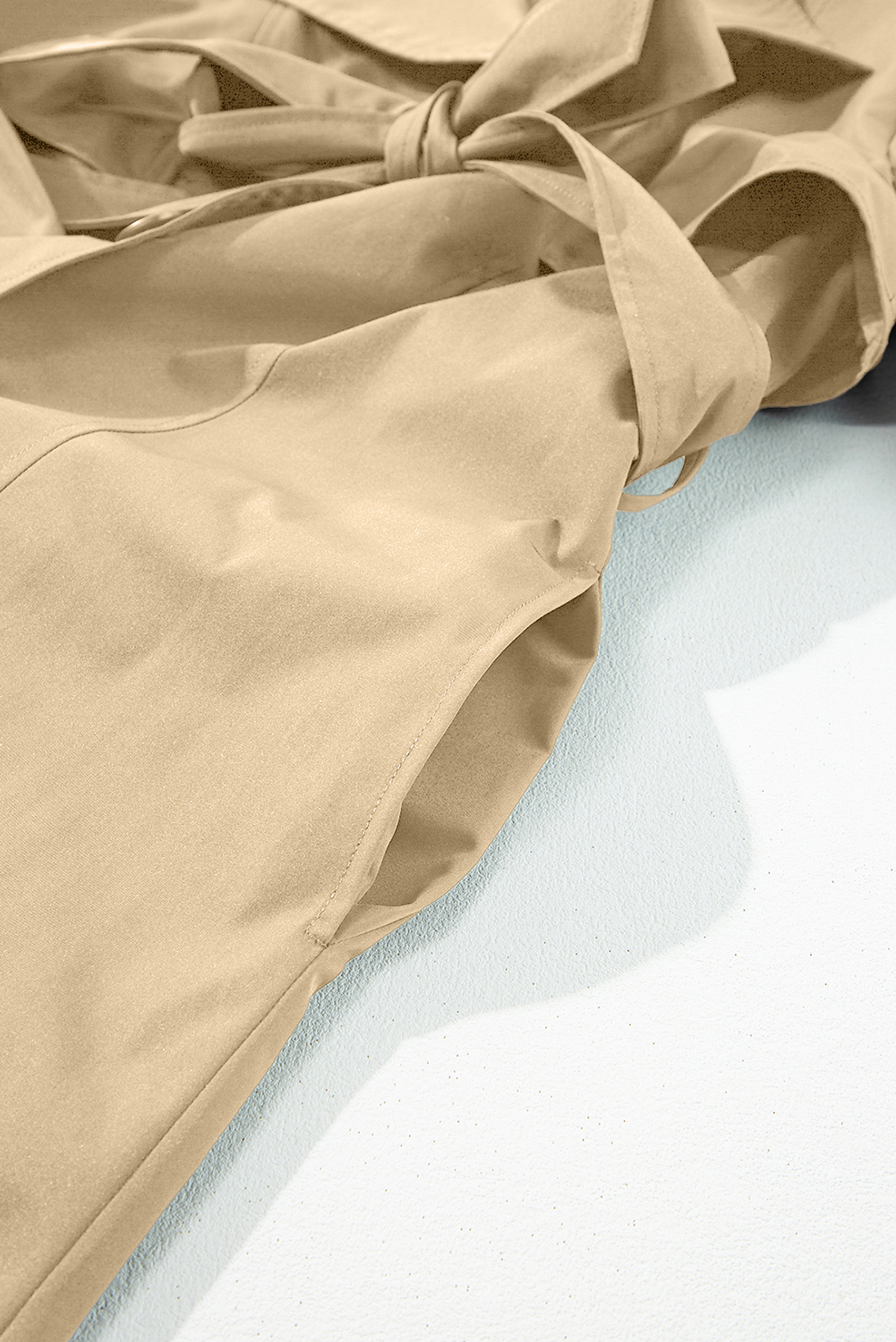 Pale Khaki Solid Color Lapel Collar Waist Tie Wind Coat view 16