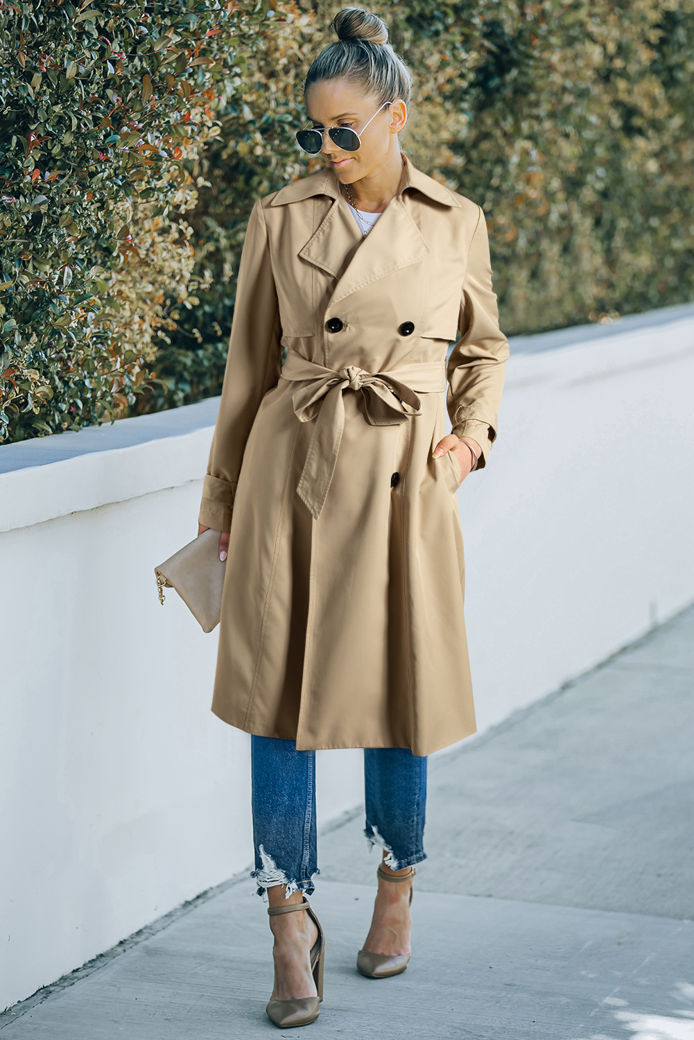 Pale Khaki Solid Color Lapel Collar Waist Tie Wind Coat view 7
