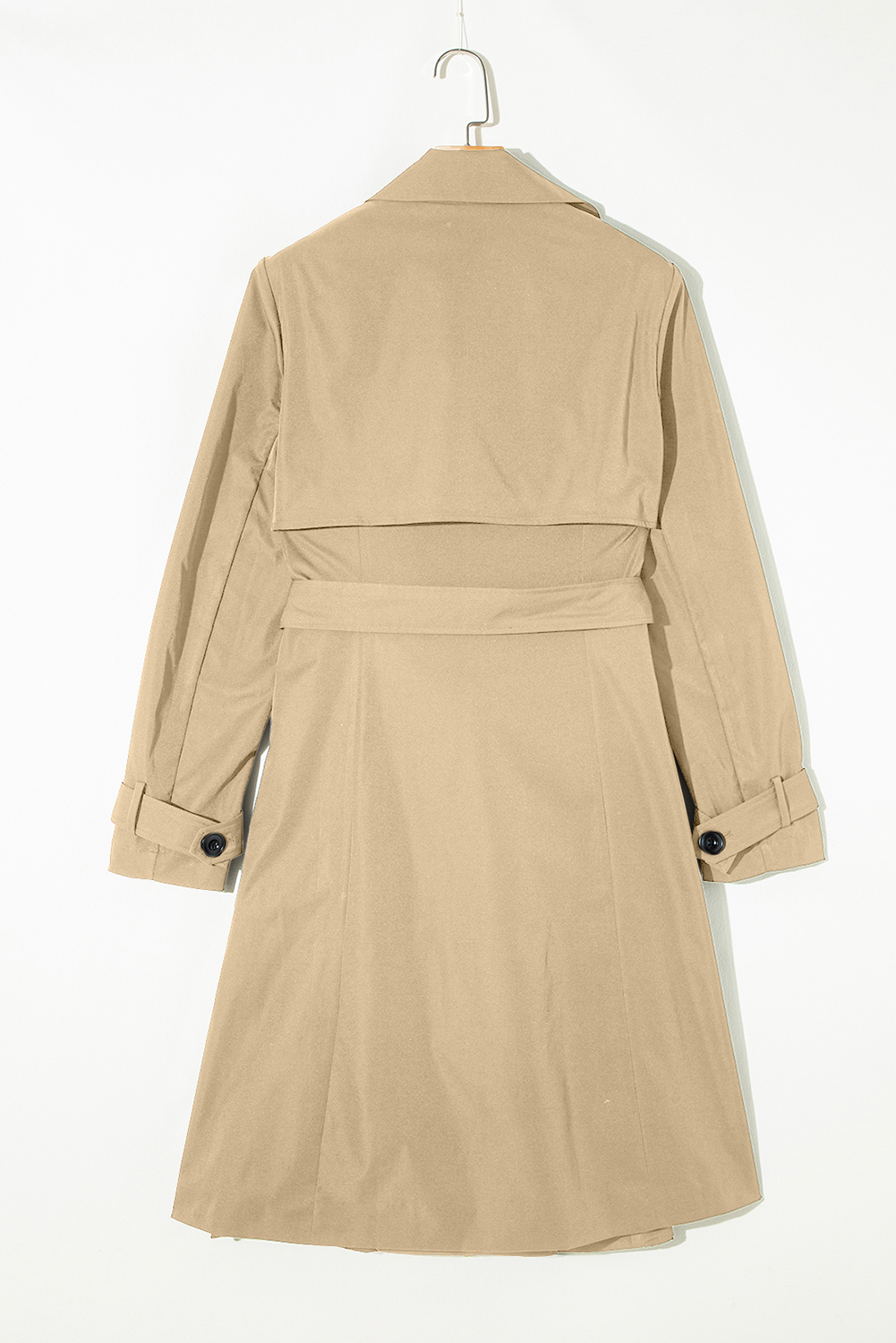 Pale Khaki Solid Color Lapel Collar Waist Tie Wind Coat view 10