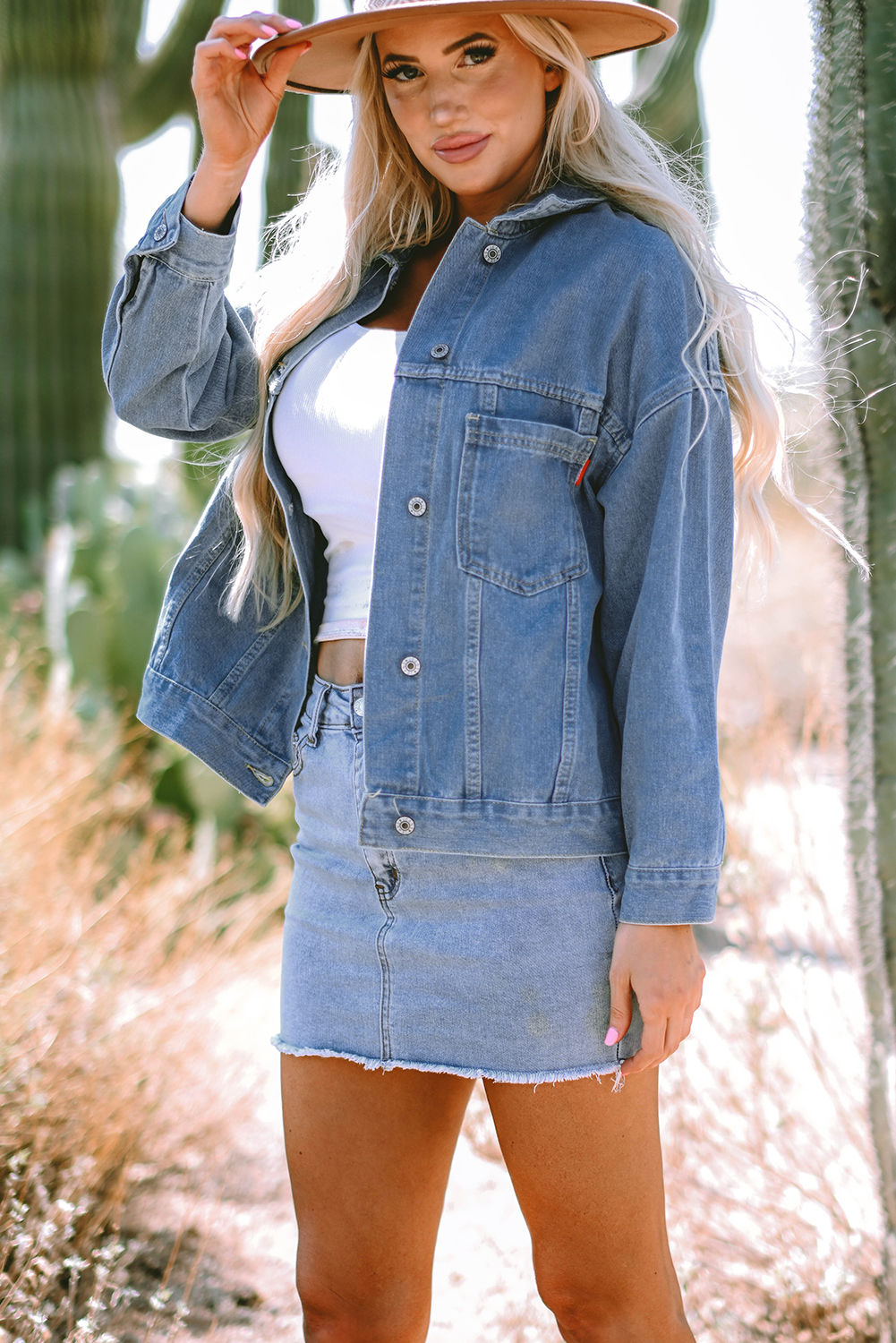Wild Wind Washed Oversize Pocketed Denim Jacket view 3