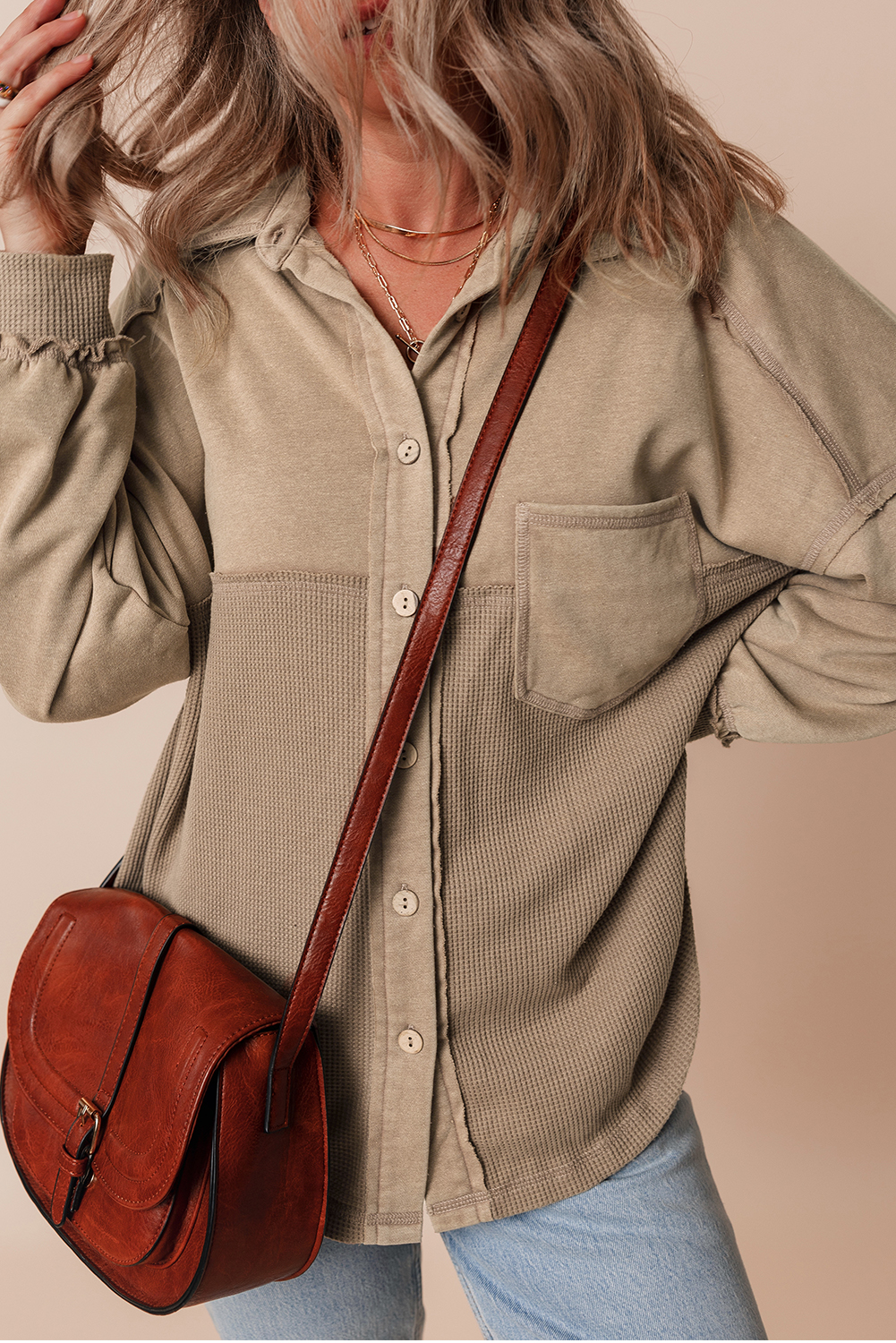 Goat Mineral Wash Textured Patchwork Loose Fit Shacket view 5