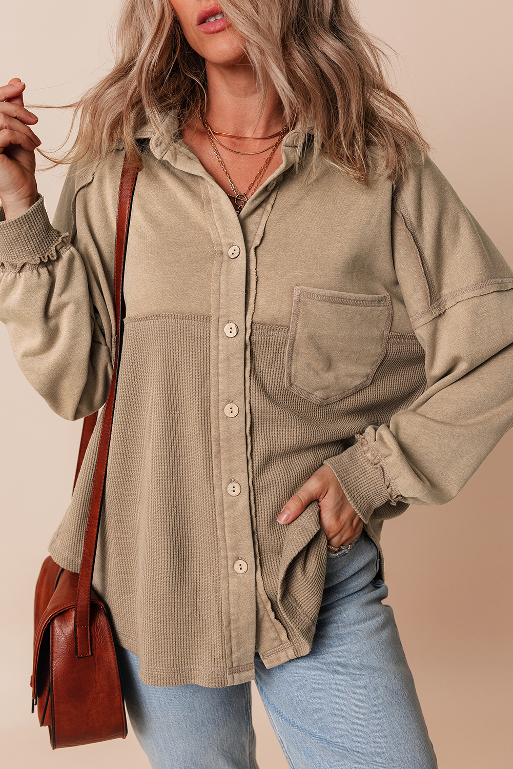 Goat Mineral Wash Textured Patchwork Loose Fit Shacket view 3