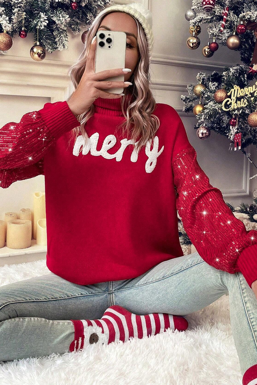 Racing Red Merry Graphic Sequin Sleeve Turtleneck Sweater view 13