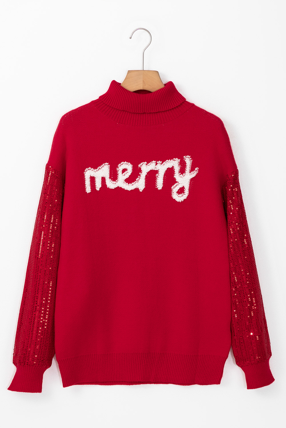 Racing Red Merry Graphic Sequin Sleeve Turtleneck Sweater view 16