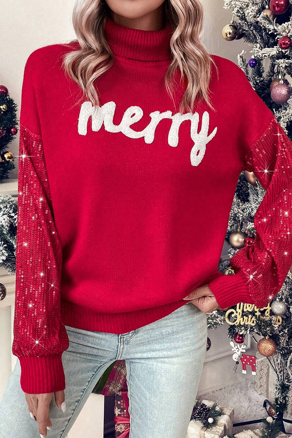 Racing Red Merry Graphic Sequin Sleeve Turtleneck Sweater view 12