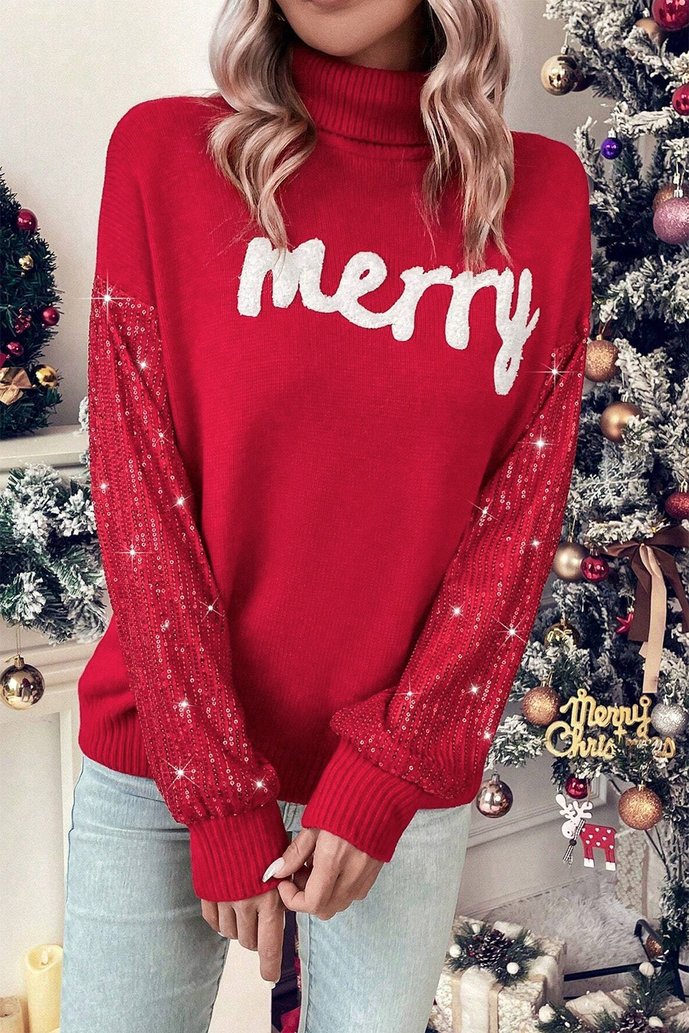 Racing Red Merry Graphic Sequin Sleeve Turtleneck Sweater view 11