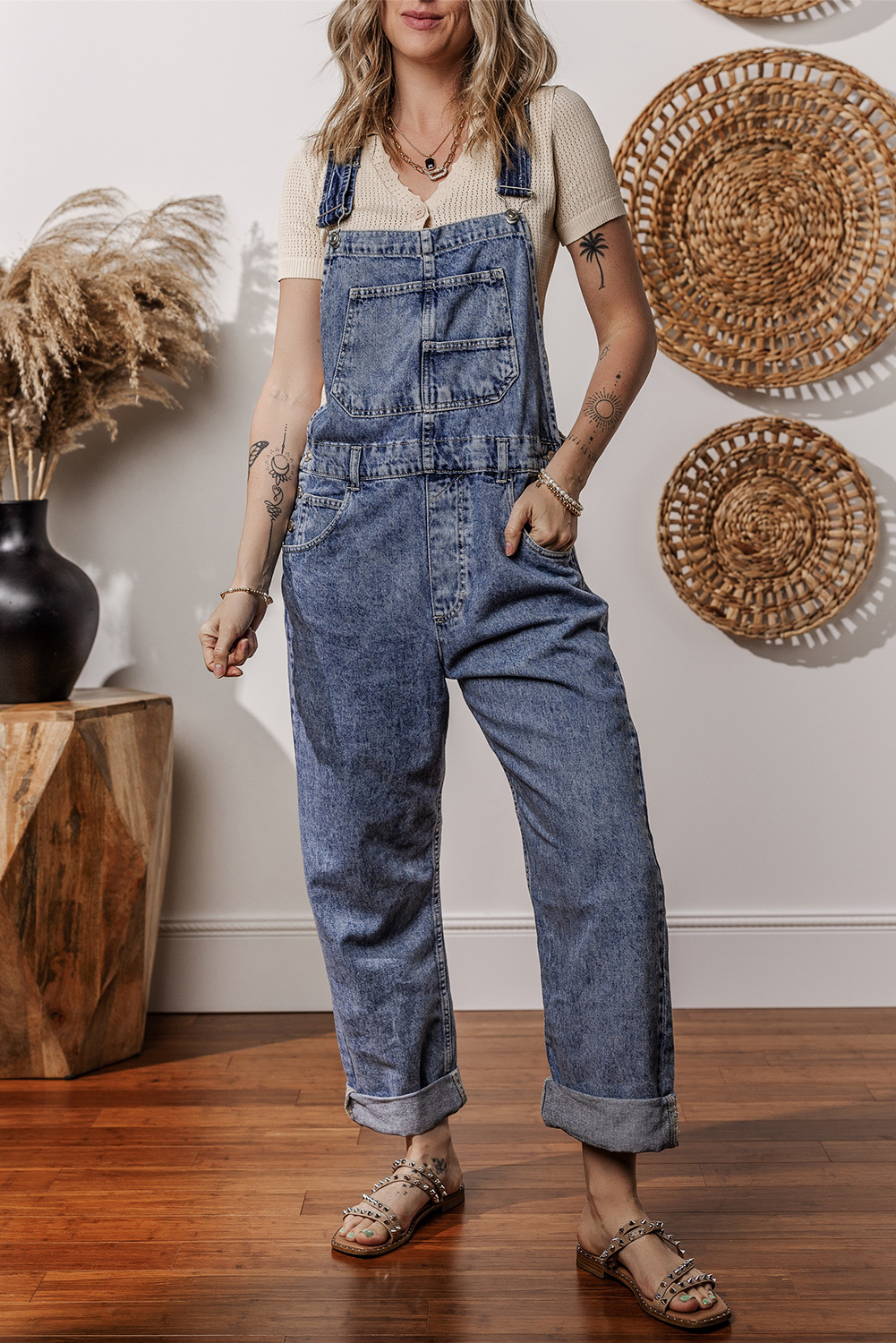 Sail Blue Denim Bib Straight Leg Jumpsuit with Pockets view 5
