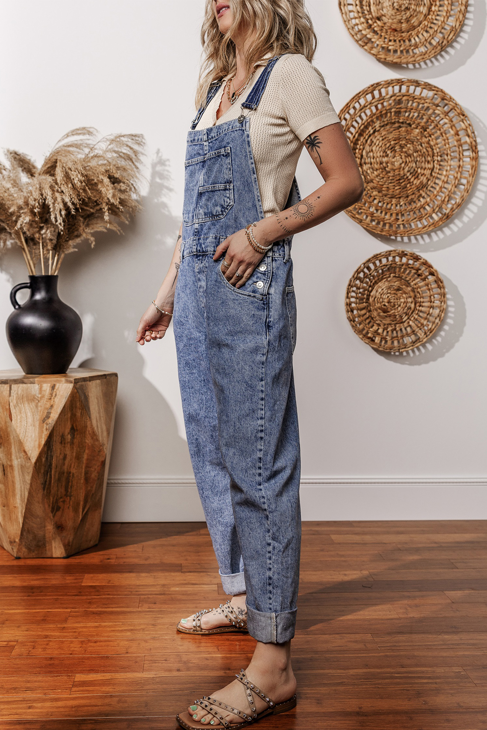 Sail Blue Denim Bib Straight Leg Jumpsuit with Pockets view 3