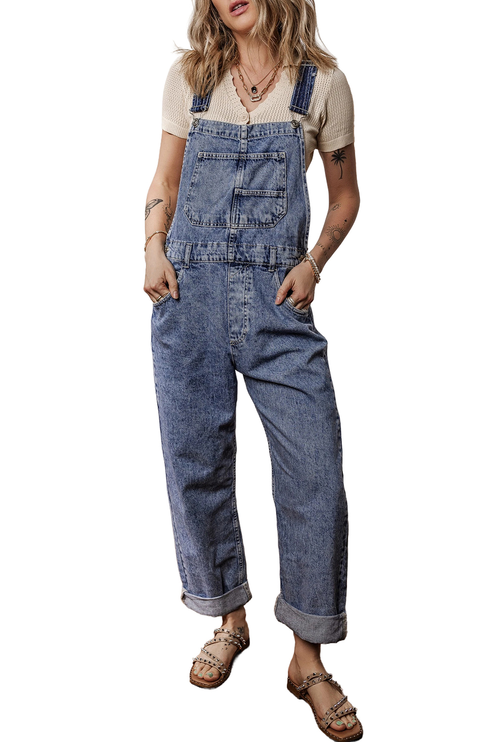 Sail Blue Denim Bib Straight Leg Jumpsuit with Pockets view 22