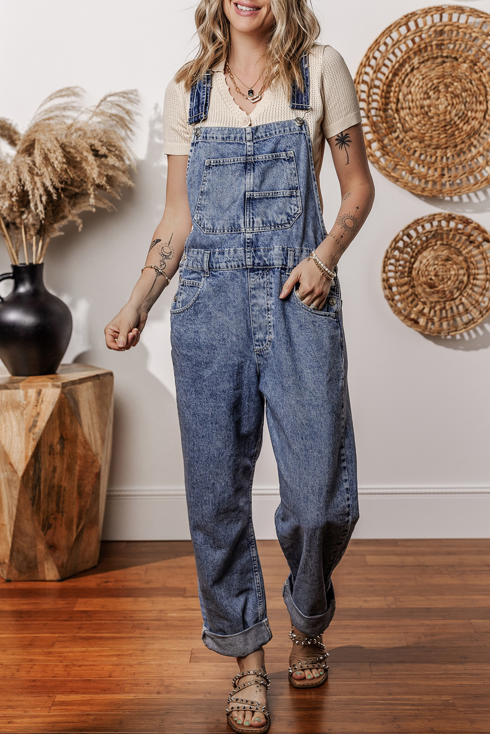 Sail Blue Denim Bib Straight Leg Jumpsuit with Pockets view 4
