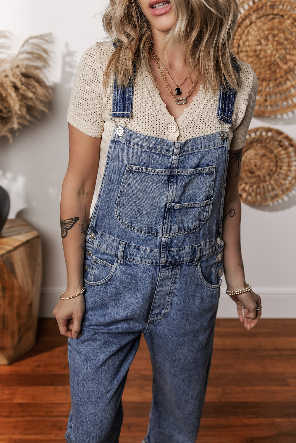 Sail Blue Denim Bib Straight Leg Jumpsuit with Pockets view 7